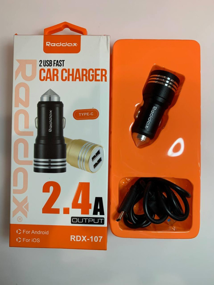 AЗУ Reddax RDX-107 5V2,4A 2*USB + кабель TypeC черный металл