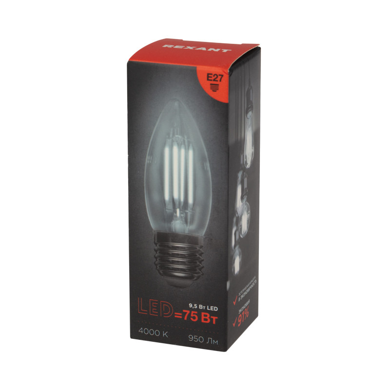 Светодиодная лампа REXANT "Свеча" (FILAMENT) CN35 E27 9.5W, 4000K, 950лм, прозрачная колба
