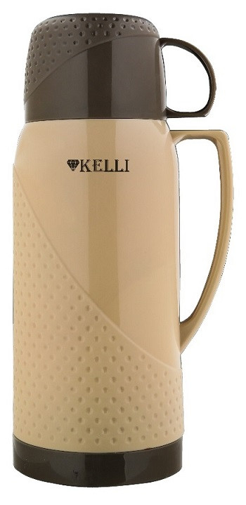 Термос KELLI KL-0968, кофейный, 1 л, стеклянная колба, 2 чашки в комплекте