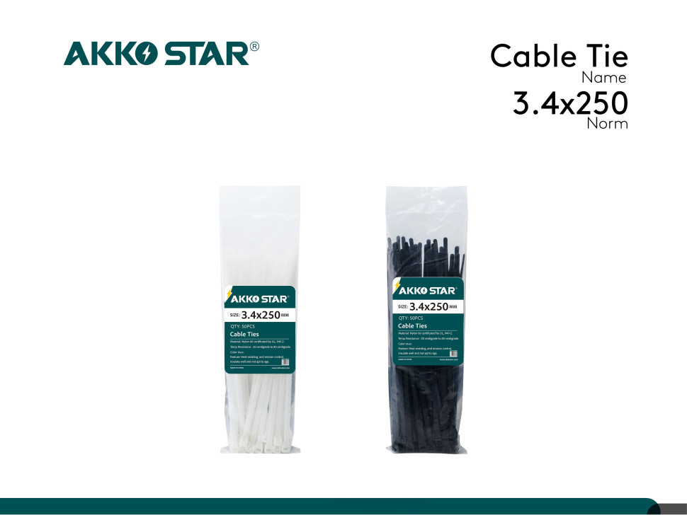 Хомут-стяжка нейлоновая AKKOSTAR 3.4х250мм (50шт) черный (уп.10пачек) Хомут-стяжка нейлоновая AKKOSTAR 3.4х250мм (50шт) черный (уп.10пачек)