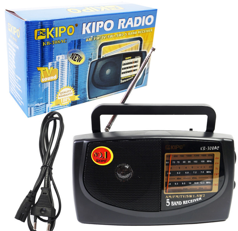 Радиоприемник KIPO KB-308AС (ORIG) ( FM, УКВ, СВ, КВ, питание от сети и бат.R20 , AUX) (Гр.30дн)