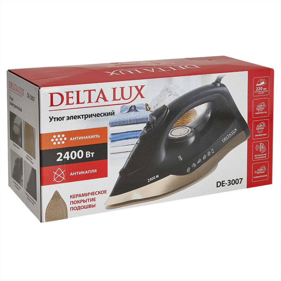 Утюг DELTA LUX DE-3007, черн/золот.:, 2400Вт, керамика, антикап., пар удар