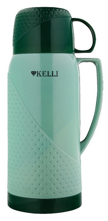 Термос KELLI KL-0968, темно-зеленый, 1л,  стеклянная колба, 2 чашки в комплекте