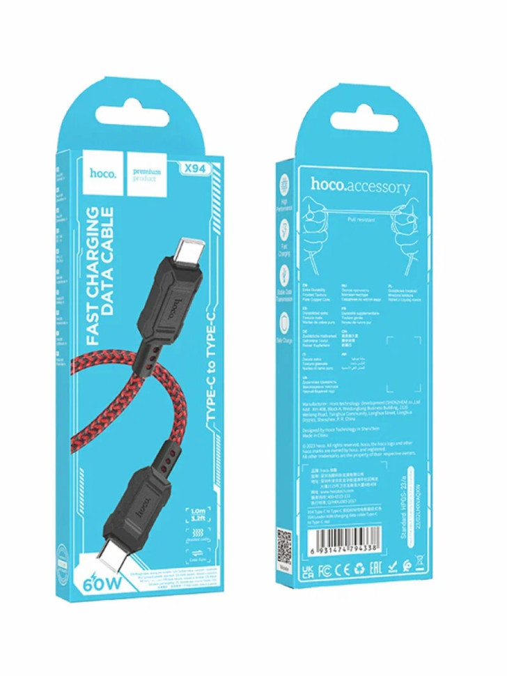 USB кабель Hoco X94 Type-C нейлон, 1м (red) 3A 60W