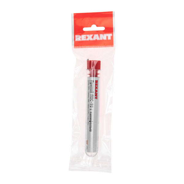 Припой с канифолью ПОС-90 REXANT, 10 г, O1.0 мм, (олово 90%, свинец 10%), колба