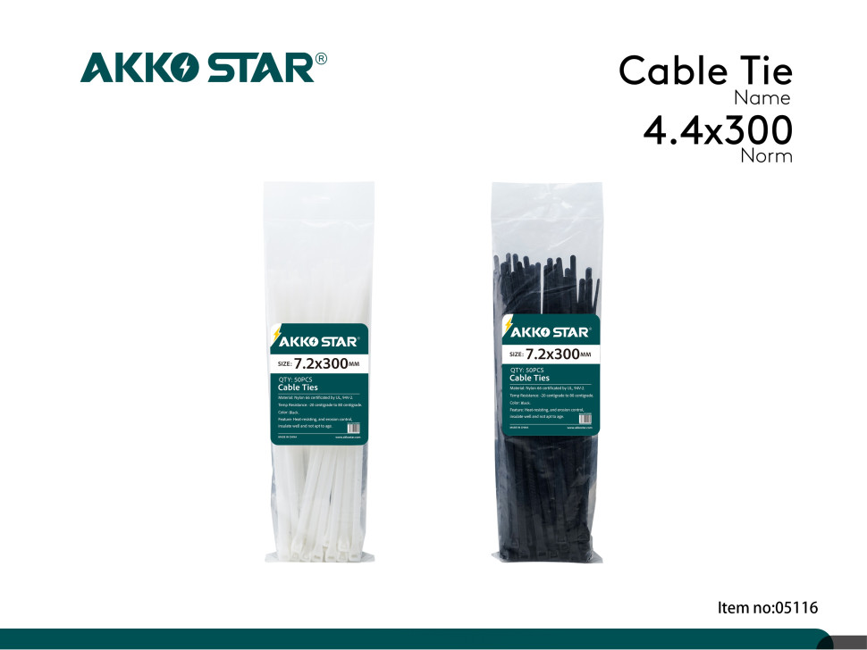 Хомут-стяжка нейлоновая AKKOSTAR 4.4х300мм (50шт) черный (уп.10пачек) Хомут-стяжка нейлоновая AKKOSTAR 4.4х300мм (50шт) черный (уп.10пачек)