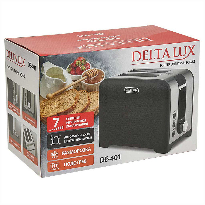 Тостер DELTA LUX DE-401 черный, 930 Вт, 2ломтика, 7-ти позиц. таймер, разморозка, подогрев (6)