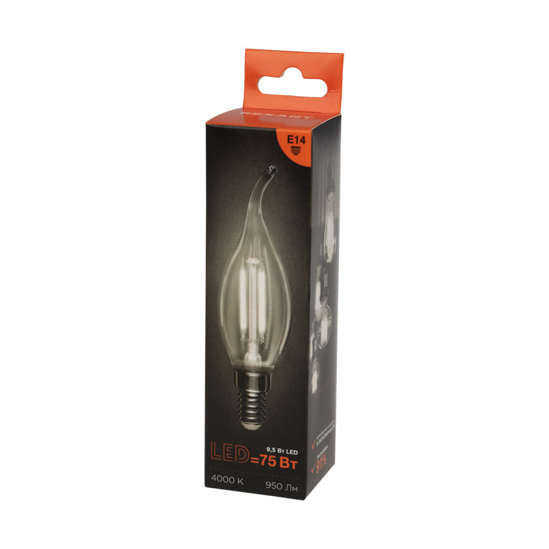 Светодиодная лампа REXANT "Свеча на ветру" (FILAMENT) CN37 E14 9.5W, 4000K, 950лм, прозрачная колба Светодиодная лампа REXANT "Свеча на ветру" (FILAMENT) CN37 E14 9.5W, 4000K, 950лм, прозрачная колба