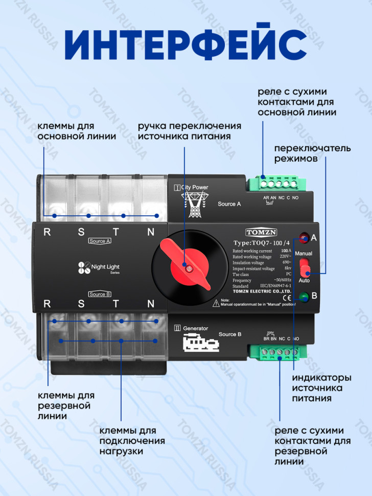 Устройство автоматического ввода резерва TOMZN TOQ7-100/4P АВР на 100А трёхфазное (TOQ7-100-4)