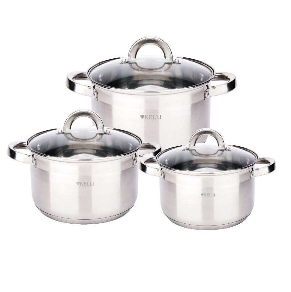 Набор кастрюль KELLI KL-4726, 2.1л;2.8л;3.8л, 6 предм., высококач.нерж.сталь, жаропроч.стекл.крышкой