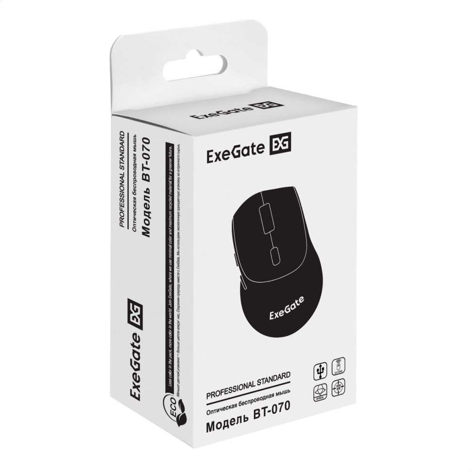 Мышь беспроводная ExeGate Professional Standard BT-070 Черный, 1600 dpi, радиоканал, Bluetooth, USB, кнопки - 6