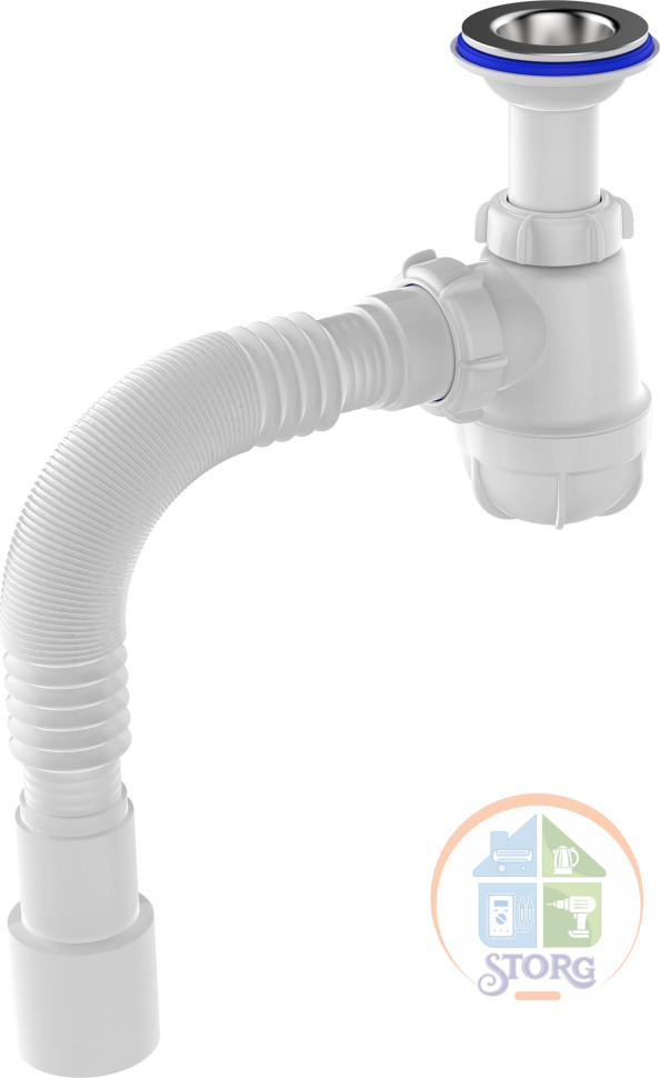 Сифон для умывальника Aquant 1 1/2"х40 с удлин. горловиной с мет.реш. с г.т. 40х40/50 (S0515-35-MR)