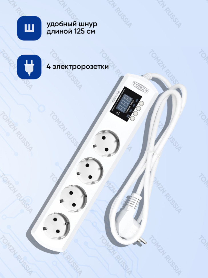 Реле напряжения удлинитель в розетку TOMZN TOSVA-16LM 16А, защита от скачков напряжения и перегрузки, дисплей