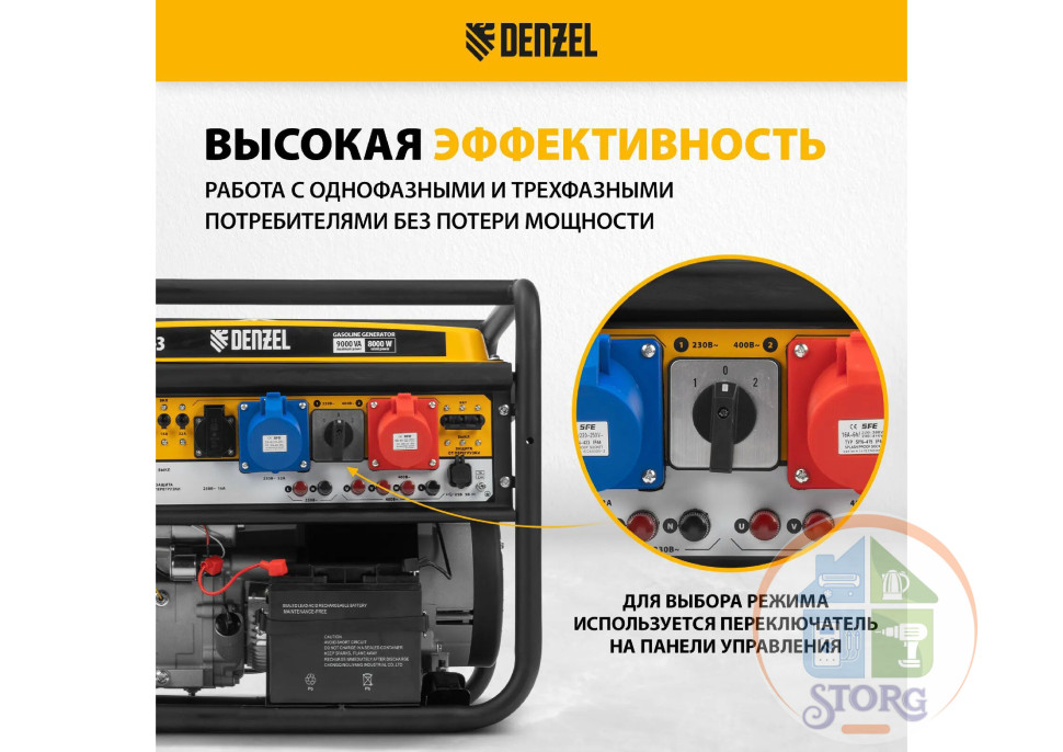 Генератор бензиновый Denzel PS 90 ED-3, 9.0 кВт,ТРЕХФАЗНЫЙ, перекл режима 230 В/400 В, 25 л,
