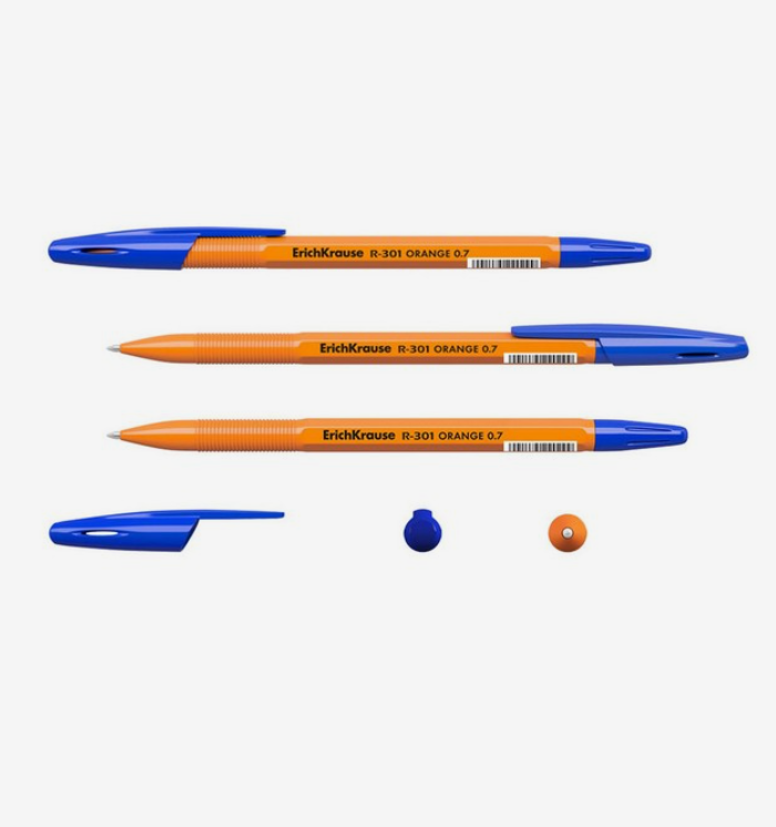 Ручка шариковая ErichKrause R-301 Orange Stick, узел 0.7 мм, чернила синие, длина линии письма 2000 метров, штрихкод на ручке
