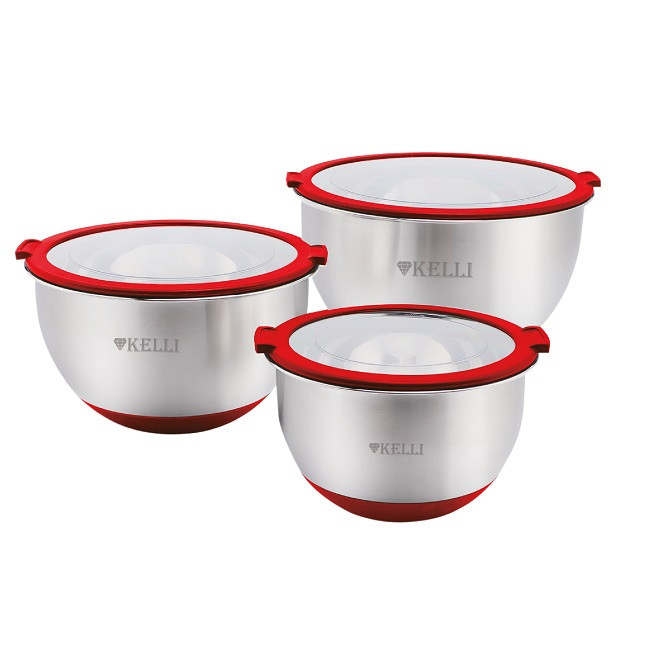 Набор мисок с крышками из нержавеющей стали KELLI KL-233, красный, объем 1.7л, 3.1л, 4.8л, мерная шкала
