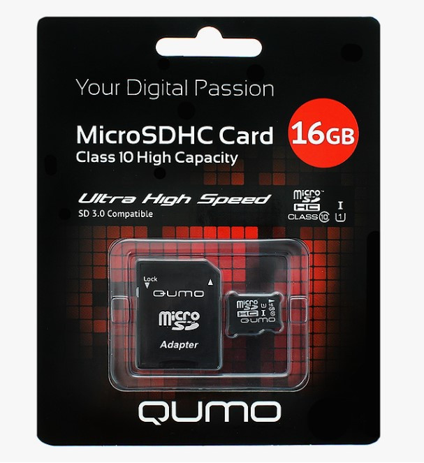Флеш-накопитель QUMO QM16GMICSDHC10U1 MicroSDHC 16GB UHS-I, (Class 10 + SD adapter)