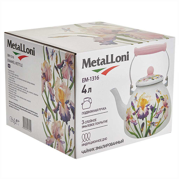 Чайник эмалированный на плиту Metalloni EM-1316 "Ирисы" ( 4,0л, с керамической ручкой)
