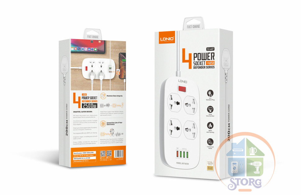 Сетевой фильтр LDNIO SC4407Q 2м/ 4  розетки EU_UK_US/ 2500W/ 4 USB+QC 3.0/  Выкл. на розетки/ White