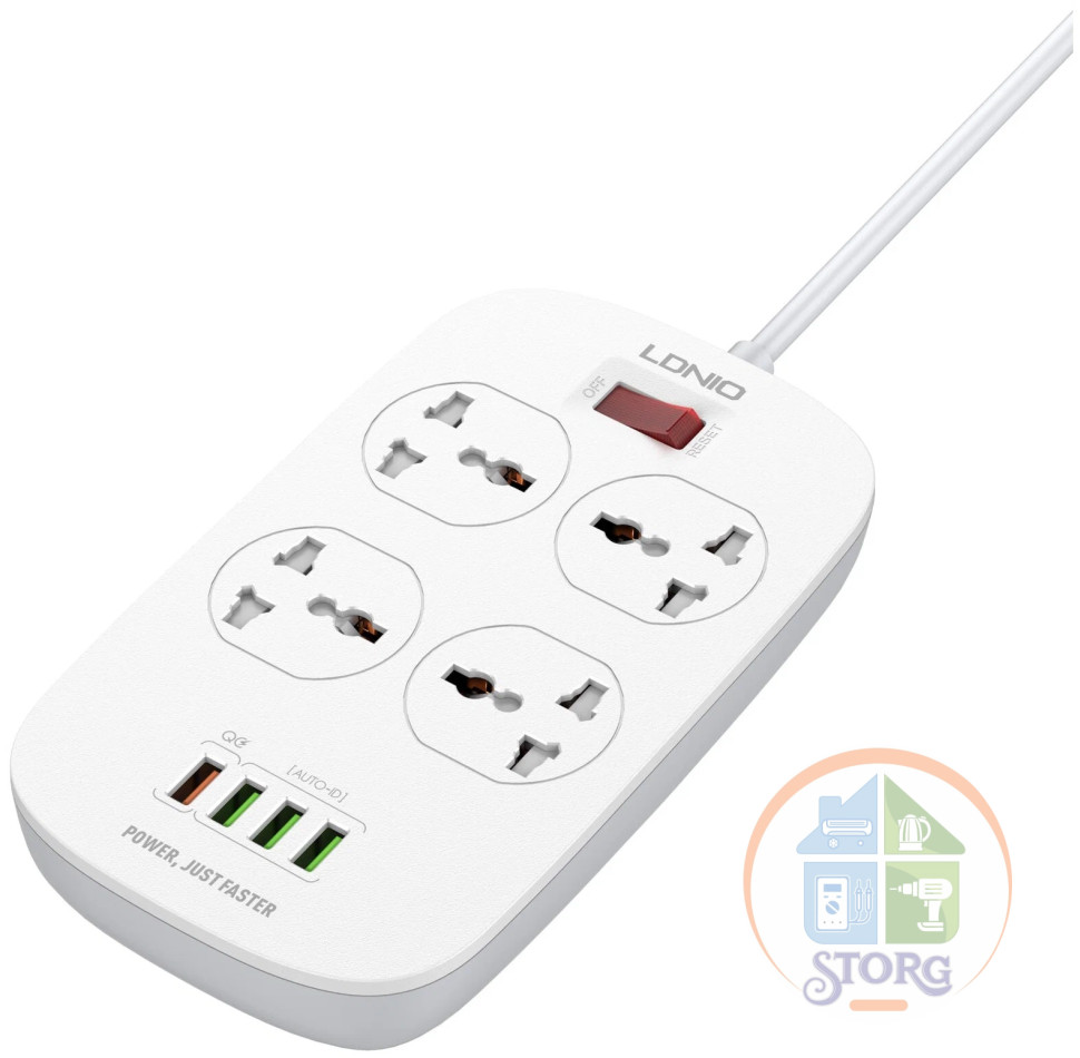 Сетевой фильтр LDNIO SC4407Q 2м/ 4  розетки EU_UK_US/ 2500W/ 4 USB+QC 3.0/  Выкл. на розетки/ White