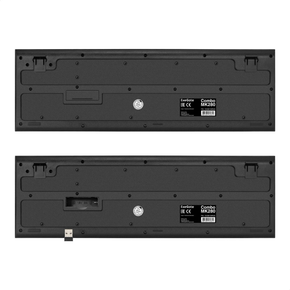 Комплект беспроводной ExeGate Professional Standard Combo MK200 (клавиатура полноразмерная влагозащищенная 104кл. + мышь оптическая 1200dpi, 3 кнопки и колесо прокрутки; USB, радиоканал 2,4 ГГц, радиус действия до 10м, черный, RTL)