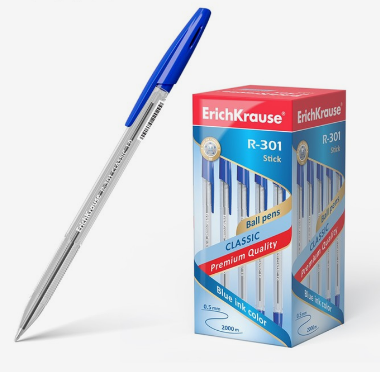 Ручка шариковая ErichKrause R-301 Classic Stick, узел 1.0 мм, чернила синие, длина линии письма 2000 метров, штрихкод на ручке