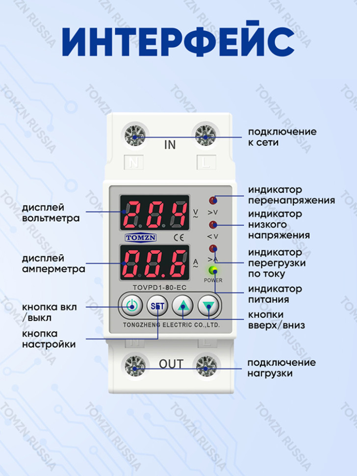 Реле контроля напряжения TOMZN TOVPD1-80-EC, 80А, с дисплеем, монтаж на DIN‑рейку 35мм