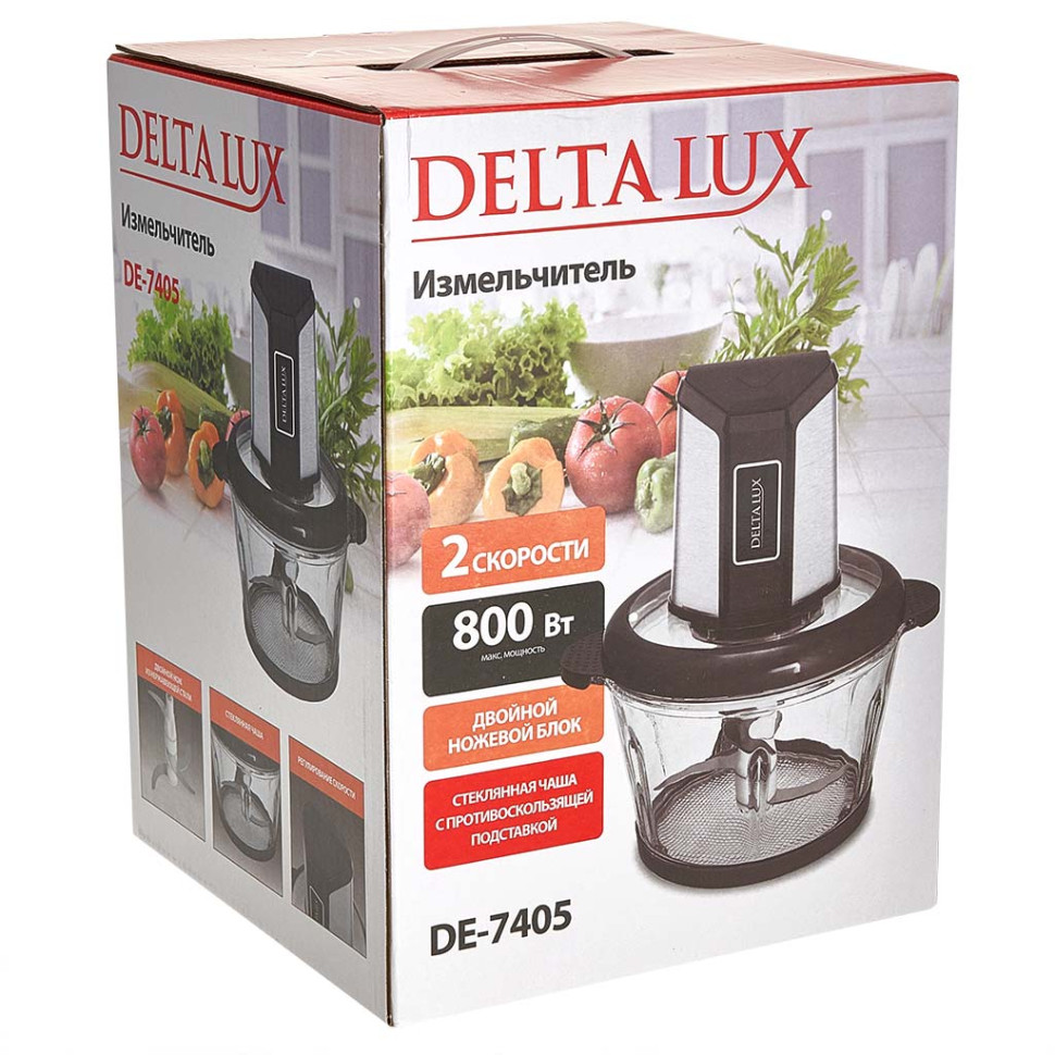 Измельчитель DELTA LUX DE-7405, 2 л, 800 Вт, стеклянная чаша, двойной ножевой блок, Черный