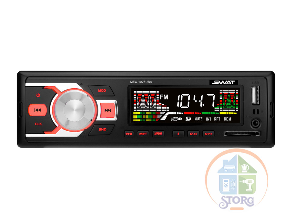 SWAT  MEX-1025UBA/1 din медиа ресивер,4х35 вт,MP3,USB,SD,2RCA  красн.кнопки/