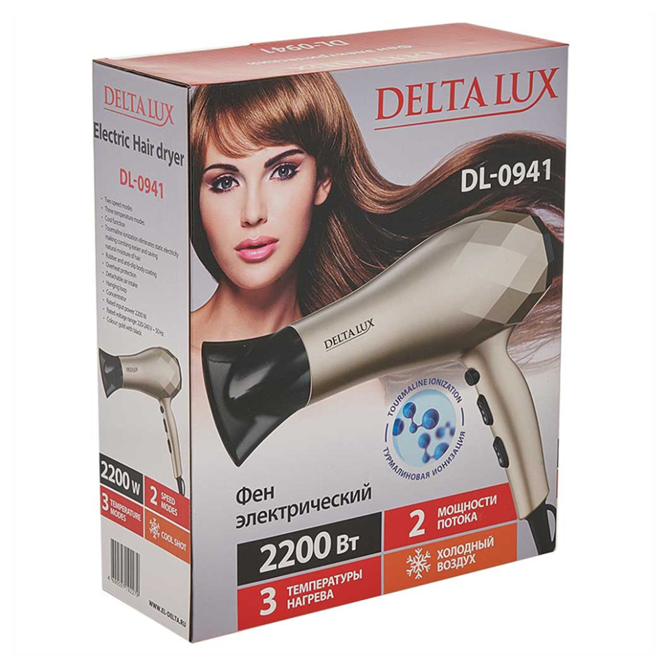 Фен для волос DELTA LUX DL-0941, Золотой с черным, 2200Вт, турмалин. ионизац., 3 реж. темп.
