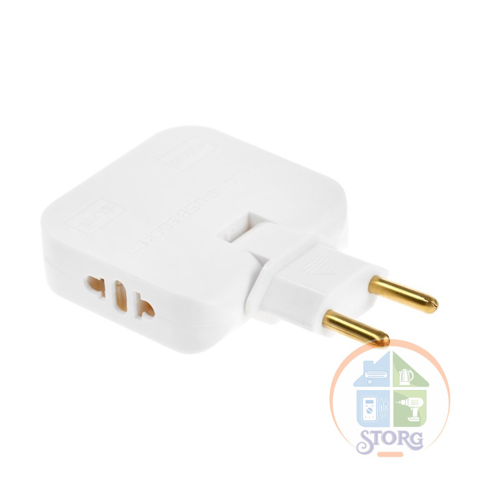 Тройник плоский, поворотный, 2 розетки, 10А, 2 USB, без з/к, белый