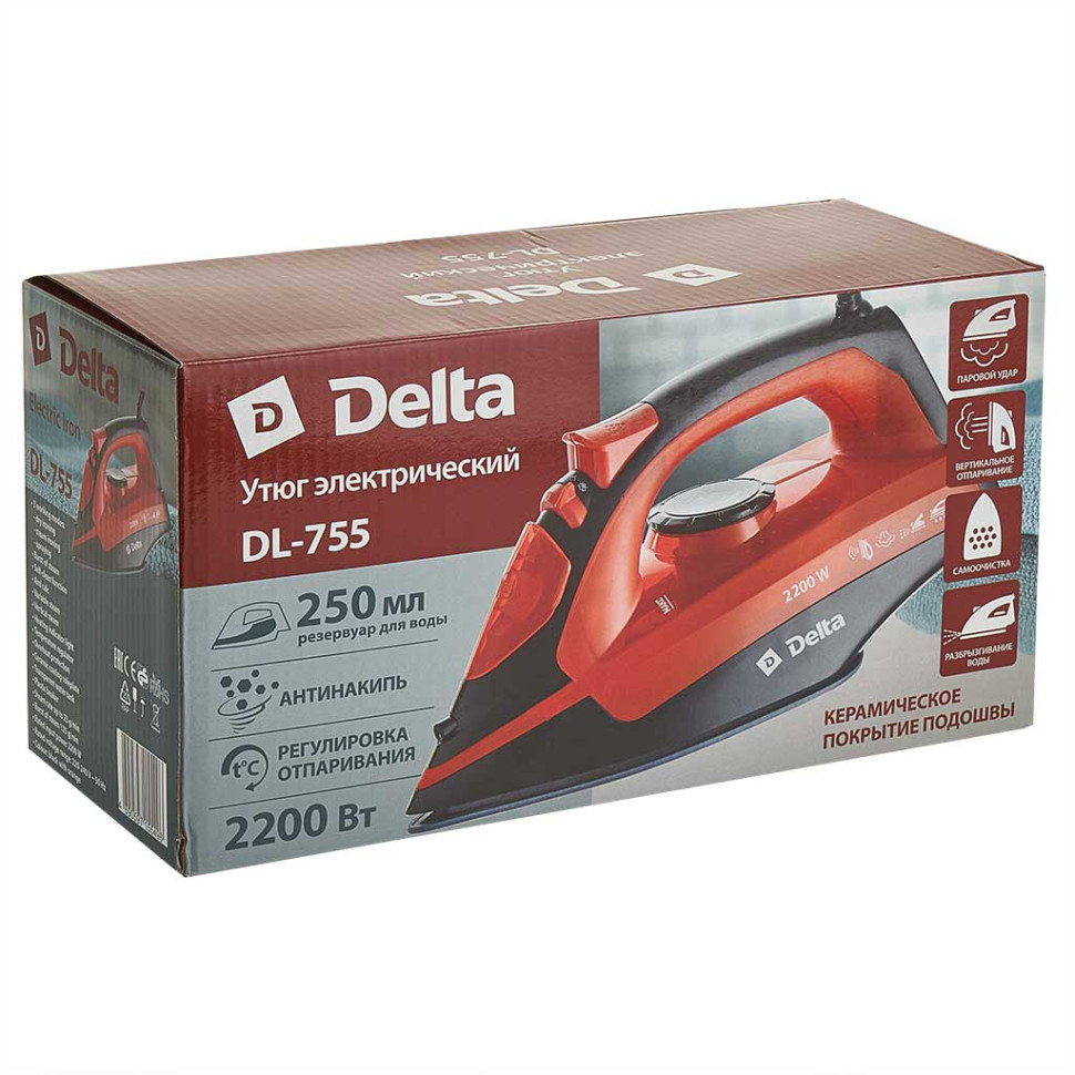 Утюг DELTA DL-755, черный с оранжевым, 2200 Вт, керамика, самоочистка, паровой удар