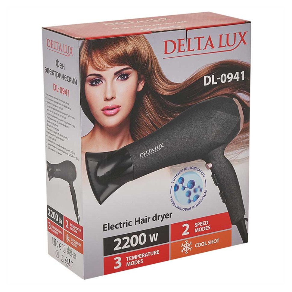 Фен для волос DELTA LUX DL-0941, Черный с розовым, 2200Вт, турмалин. ионизац., 3 реж. темп.