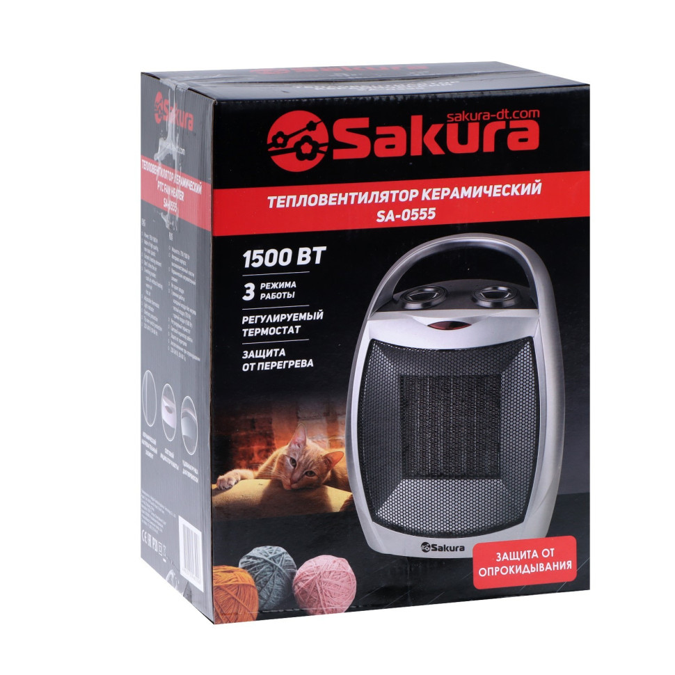 Тепловентилятор SAKURA SA-0558, 1500 Вт, керамический, 3 режима, серый