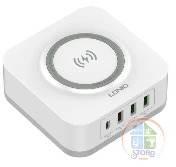 LDNIO AW004/ Зарядная станция на 4 USB порта + Беспроводное ЗУ Qi/ QC 3.0+PD 3.0 32W/ White
