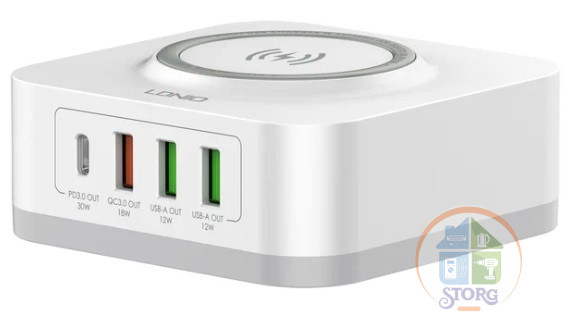 LDNIO AW004/ Зарядная станция на 4 USB порта + Беспроводное ЗУ Qi/ QC 3.0+PD 3.0 32W/ White