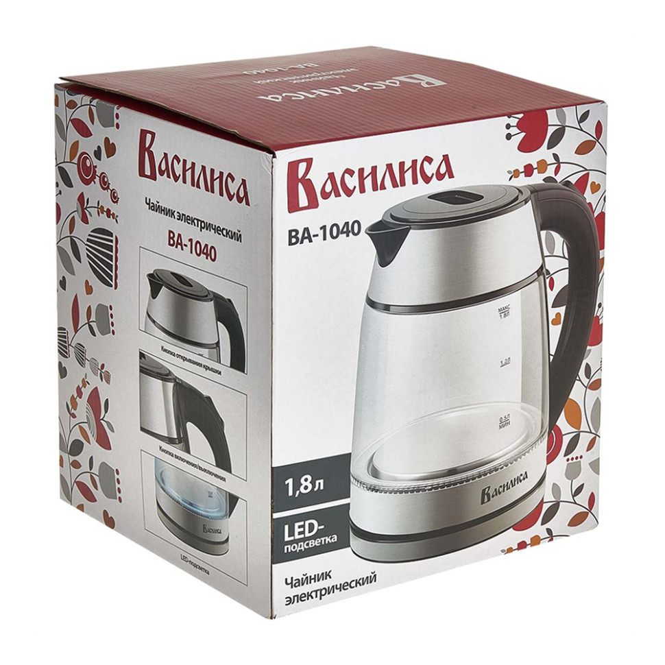 Чайник электрический ВАСИЛИСА ВА-1040 (Серебро/черный, 1500Вт, 1,8л, жаропр. стекло)