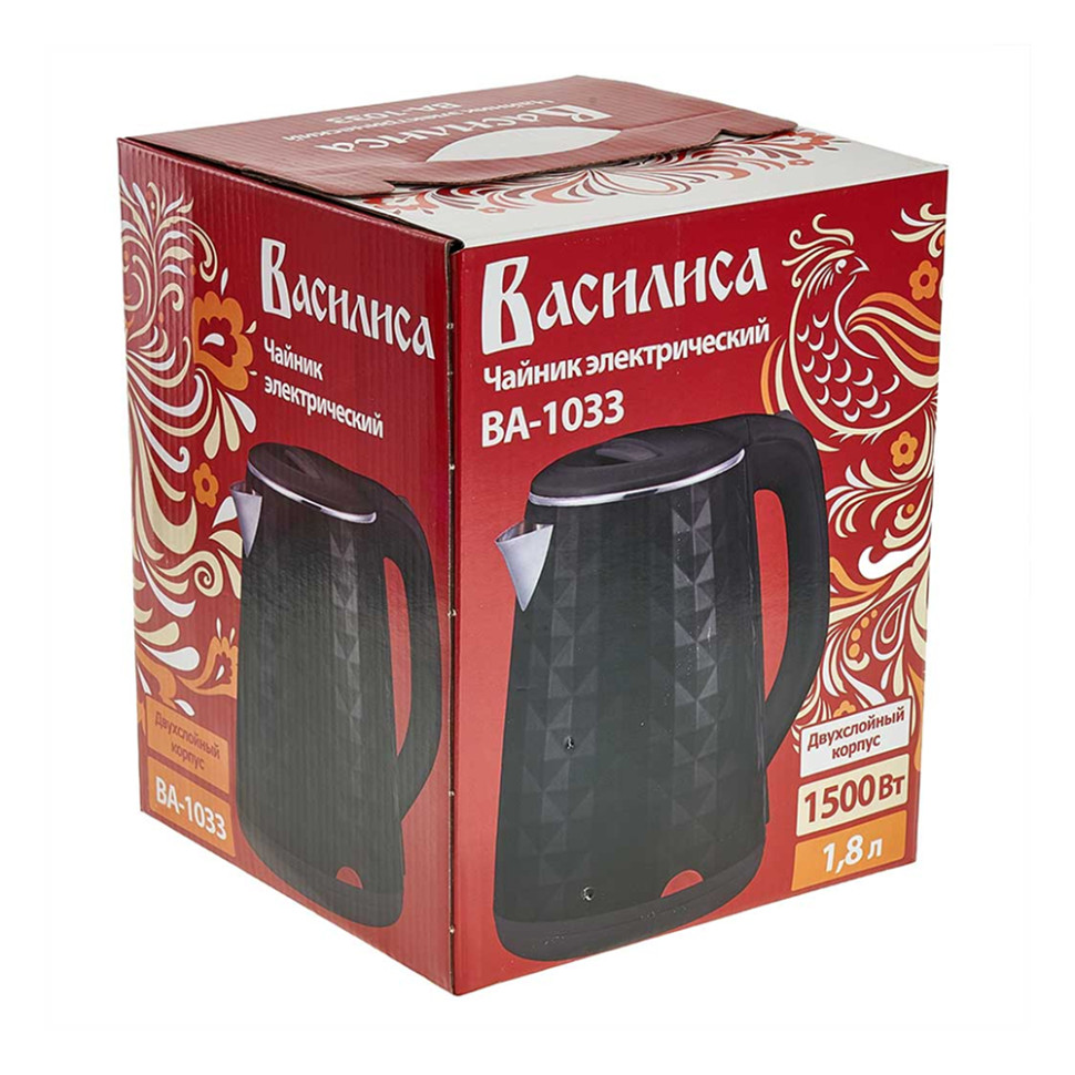 Чайник электрический ВАСИЛИСА ВА-1033 (Черный, 1500Вт, 1,8л, 2-я стенка, пластик)