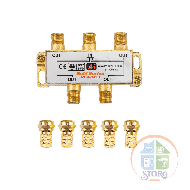 Делитель ТВх4 под F-разъем, 5-1000МГц, Gold (5 F-разъемов в комплекте) REXANT