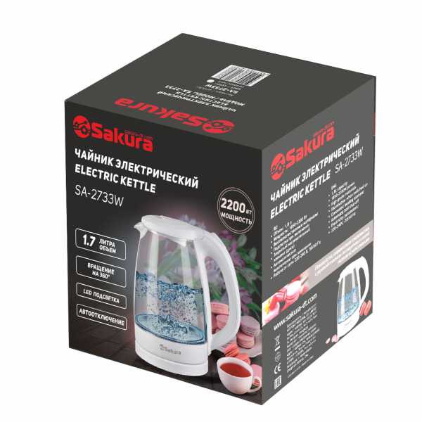 Чайник электрический SAKURA SA-2733W, белый, 1.7л, стекло, LED подсветка
