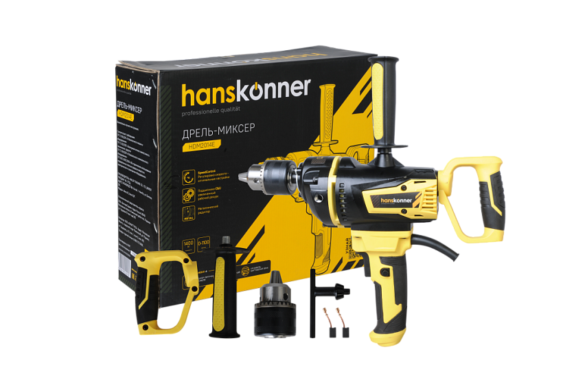 Дрель-миксер Hanskonner HDM2014E, 1400 Вт, 0-800 об/мин, патрон 16 мм,4м кабель. метал.редуктор