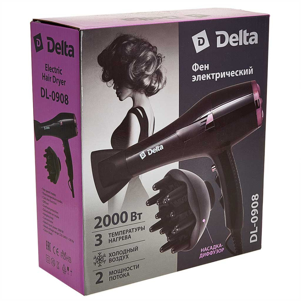 Фен для волос DELTA DL-0908, черный, холодный воздух, 2000Вт, ДИФФУЗОР, 3 реж.темп, 2 реж.мощности