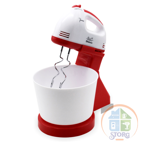 Миксер с чашей SAKURA SA-6313CR (Белый/Красный; Мощность 250Вт; 7 скоростей, Венчики; Крюки)