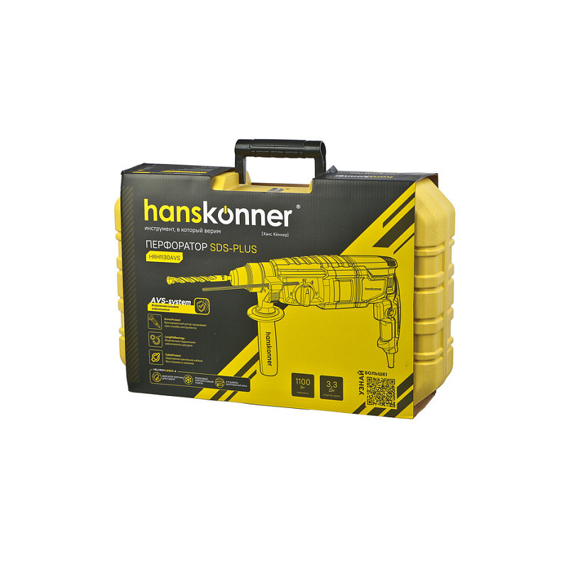 Перфоратор Hanskonner HRH1130AVS, 1100Вт, 3,3Дж, SDS‑Plus, 3реж., виброзащита AVS, макс. д.бур.30мм Перфоратор Hanskonner HRH1130AVS, 1100Вт, 3,3Дж, SDS‑Plus, 3реж., виброзащита AVS, макс. д.бур.30мм