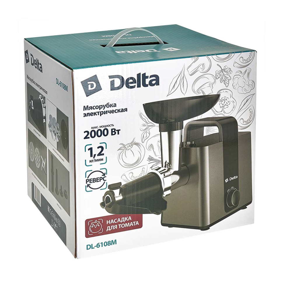 Мясорубка электрическая DELTA DL-6108M, Серый с черным, 2000Вт, насадка для томата