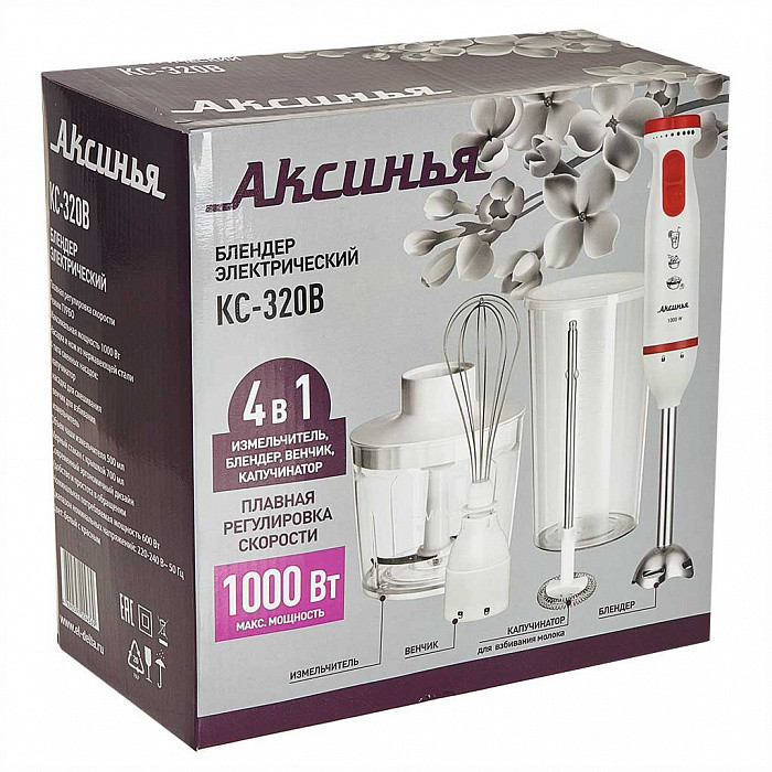 Блендерный набор АКСИНЬЯ КС-320В, белый/красный, 1000Вт, капучинатор, стакан, венчик, измельч.
