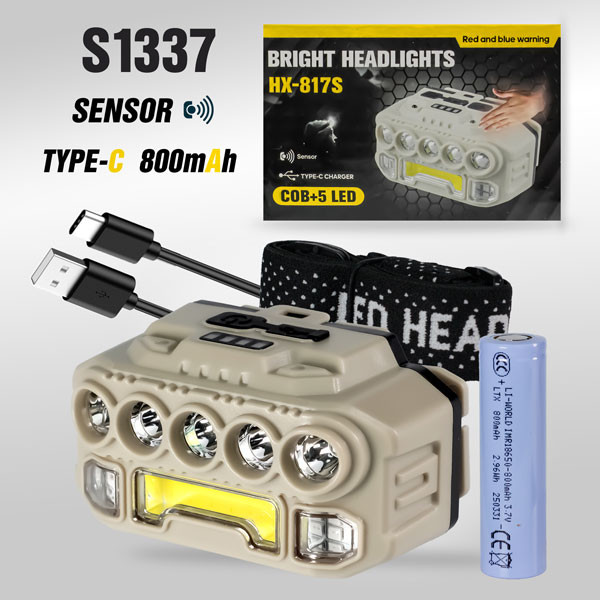Фонарь налобный светодиодный HX817, с датч. движ., COB+5 LED, сигнал.огни, аккум. 18650 800 мАч