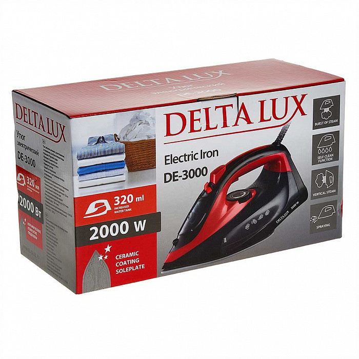 Утюг DELTA LUX DE-3000, черный с красным, 2000 Вт, КЕРАМИКА, САМООЧИСТКА,ПАРОВОЙ УДАР, 320мл(10)