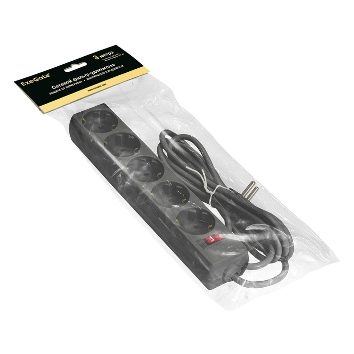 Сетевой фильтр ExeGate EX221185RUS SP-5-3B, 5 розеток, 3м, евровилка, Черный Сетевой фильтр ExeGate EX221185RUS SP-5-3B, 5 розеток, 3м, евровилка, Черный
