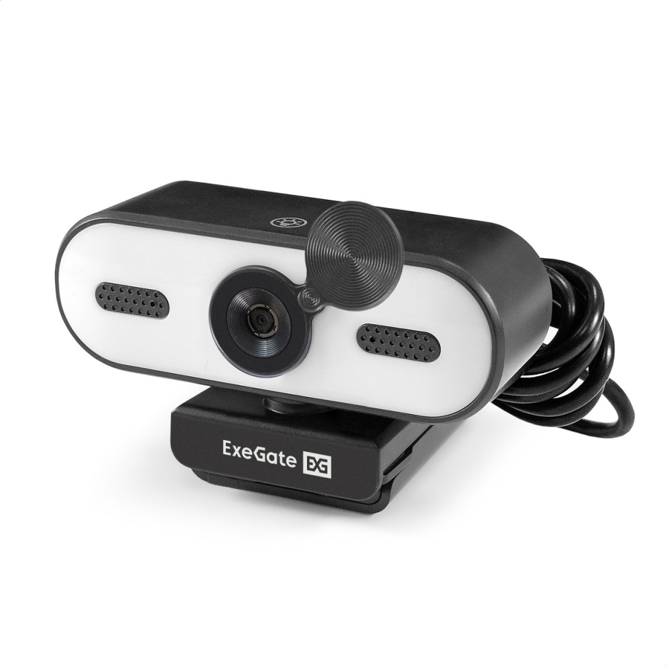 Веб-камера с подсветкой ExeGate eStudio EW-722 2K AF (5Мп, 2560х1440, 1440P, 30fps, автоматический фокус, подсветка, защитная шторка, 4-линзовый объектив, стерео микрофон с шумоподавлением, универсальное крепление, отверстие под штатив, USB, кабель 1,5 м,